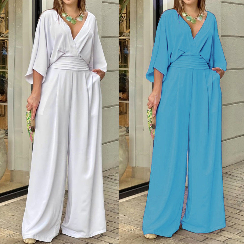 🔥50%OFF🔥【S-3XL】2024 Salopetă cu mâneci de liliac👗Decolteu în V 👠 pantaloni largi 👛