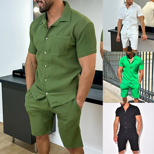 [50% OFF] 👕Casual button up polo shirt short sleeved shorts set 🍃