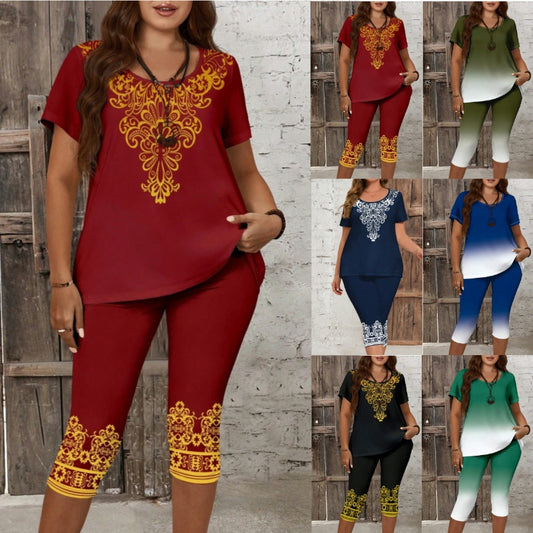 🔥🔥🔥60%OFF🔥[0XL-4XL] 🎀👗2024 Set pantaloni scurți cu mâneci scurte imprimați din două piese de mărime mare 💄💗🌹