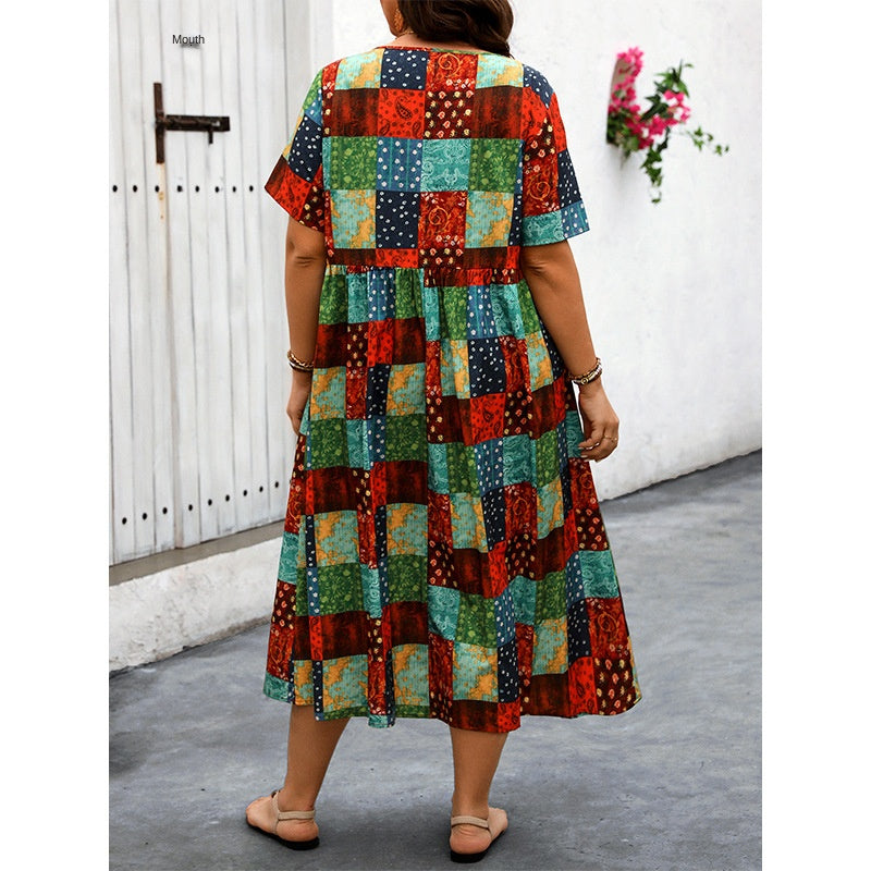 【50%OFF】【XL-4XL】👗Fustă lungă cu mâneci 💐scurte imprimate patchwork🎀