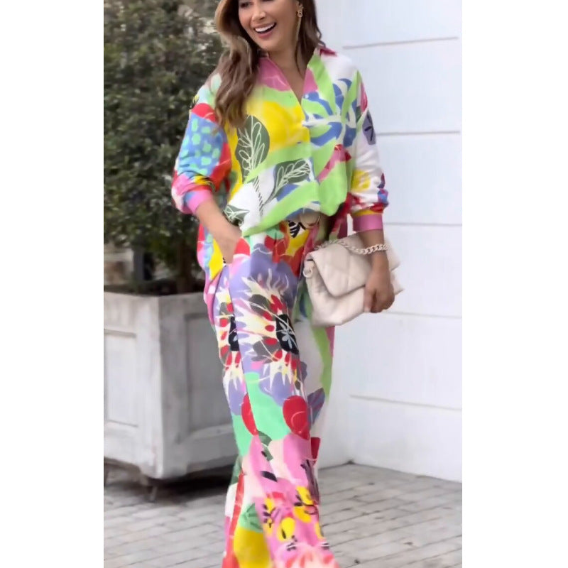 【50%OFF】👸【S-5XL】💐2024 Nou Tricou cu mânecă lungă liberă cu 💄talie înaltă Pantaloni cu picior larg Set pentru femei🍷