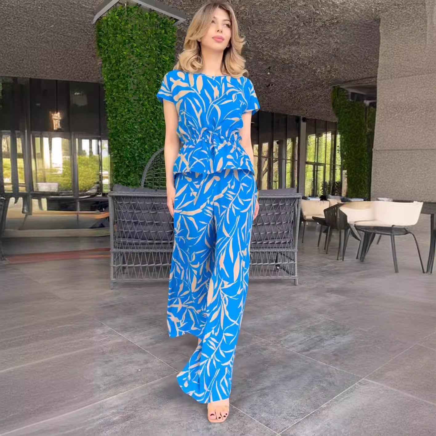 【50%OFF】【S-2XL】💐👩2024 noua modă imprimată, topuri cu mâneci scurte, costum cu pantaloni largi cu talie înaltă💗🌹