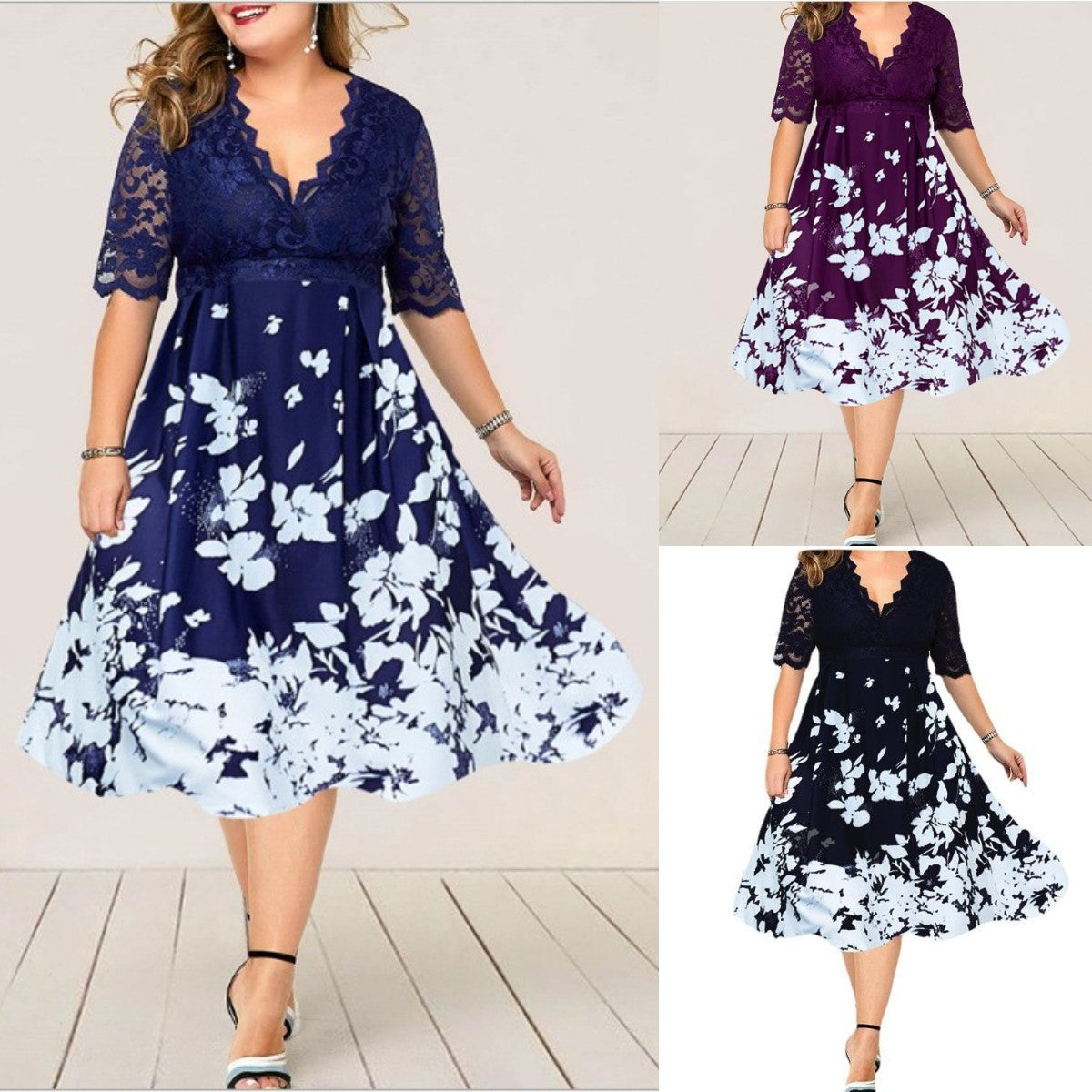 [60% OFF] 【L-6XL】👸💗Rochie patchwork din dantela cu decolteu in V👗👠