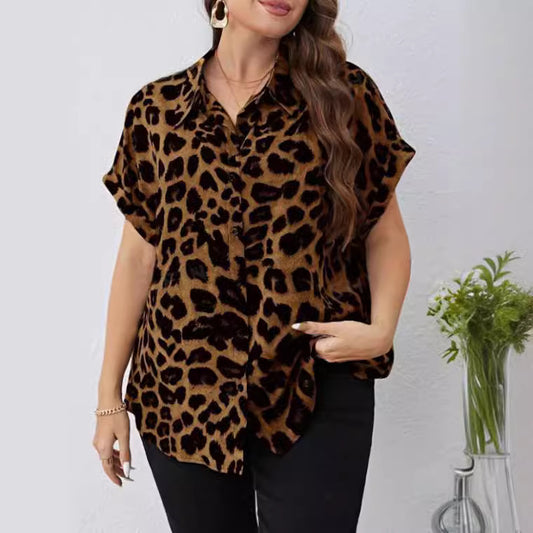 【50%OFF】💗【L-4XL】👗 2024 Cămașă cu mâneci scurte cu imprimeu leopard care acoperă burta🛍️