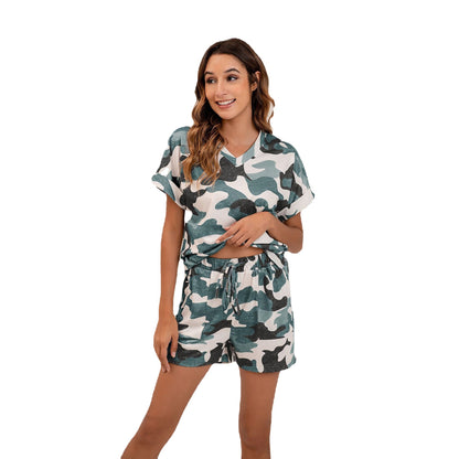 【50%OFF】【S-5XL】💐👩2024 Nou costum de camuflaj de vară cu imprimeu leopard cu decolteu în V cu mânecă scurtă + pantaloni scurți 👕+🩳