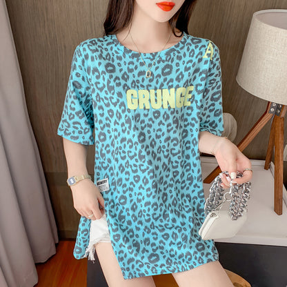 【50%OFF】【M-4XL】💐👩2024 Tricou cu imprimeu leopard de lungime mijlocie de vara 💗🌹