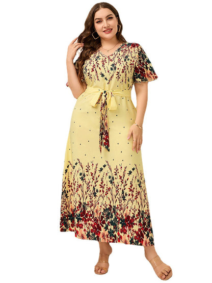 🔥99Lei🔥【XL-5XL】💐👩2024 Rochie lejeră cu fustă plină imprimată cu decolteu în V💗🌹