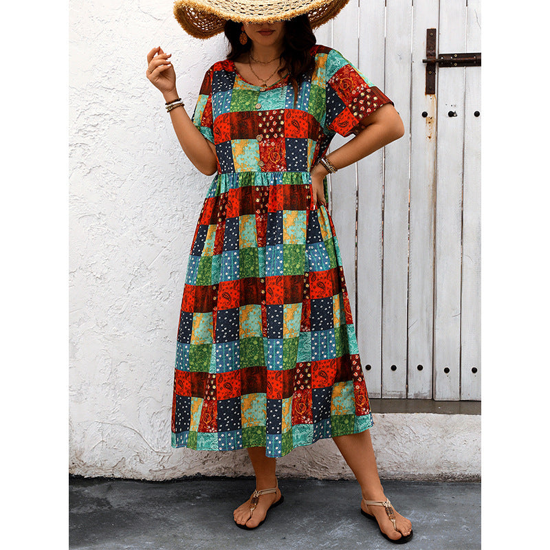 【50%OFF】【XL-4XL】👗Fustă lungă cu mâneci 💐scurte imprimate patchwork🎀