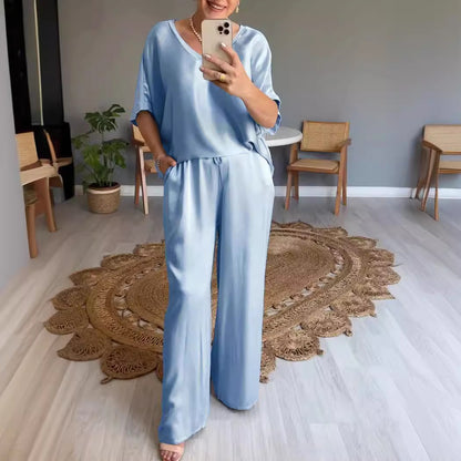 【60%OFF】【S-5XL】2024 Costum de damă la modă din satin👩 Culoare uni, decolteu în V💗