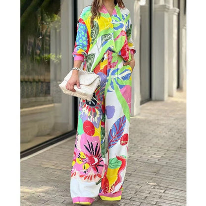 【50%OFF】👸【S-5XL】💐2024 Nou Tricou cu mânecă lungă liberă cu 💄talie înaltă Pantaloni cu picior larg Set pentru femei🍷